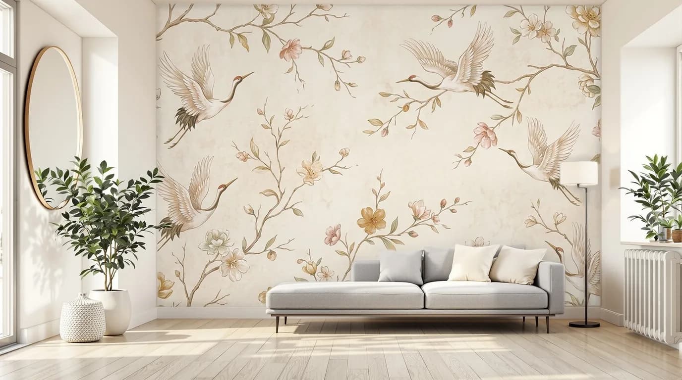 Soggiorno: Gru e fiori — carta da parati applicata da PaperFit; mobili e oggetti mantenuti
