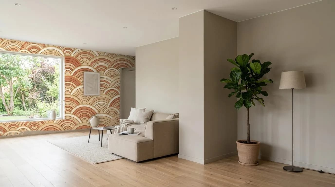 Soggiorno d'angolo: Onde terracotta — carta da parati applicata da PaperFit; mobili e oggetti mantenuti