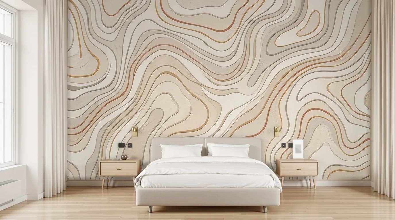 Camera da letto: Linee topografiche — carta da parati applicata da PaperFit; mobili e oggetti mantenuti
