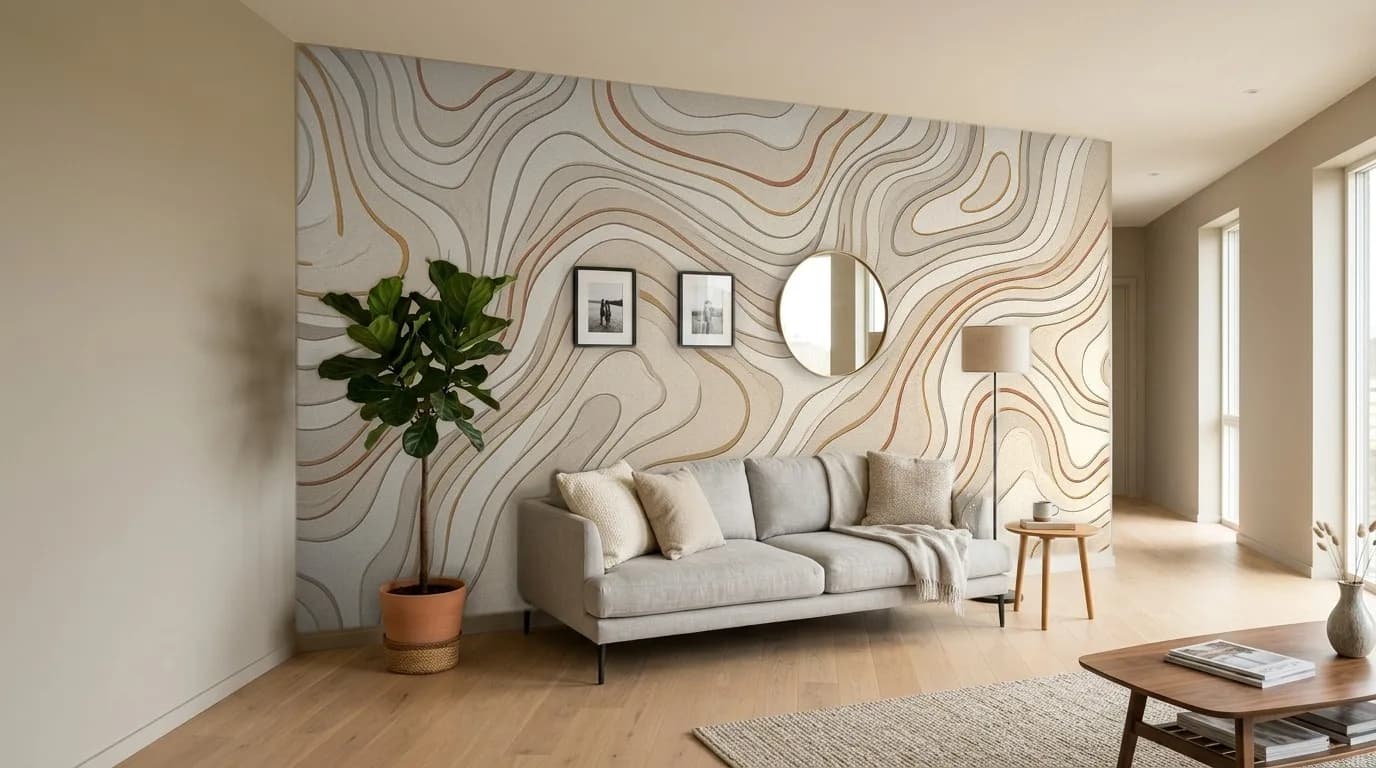 Soggiorno in prospettiva: Linee topografiche — carta da parati applicata da PaperFit; mobili e oggetti mantenuti