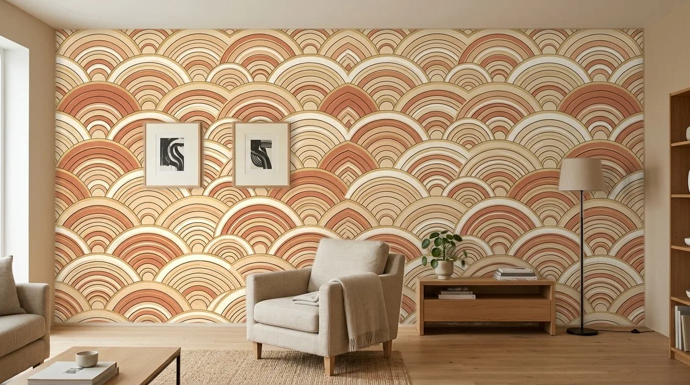 Soggiorno in prospettiva: Onde terracotta — carta da parati applicata da PaperFit; mobili e oggetti mantenuti