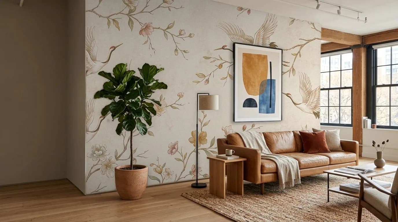 Soggiorno in prospettiva: Gru e fiori — carta da parati applicata da PaperFit; mobili e oggetti mantenuti