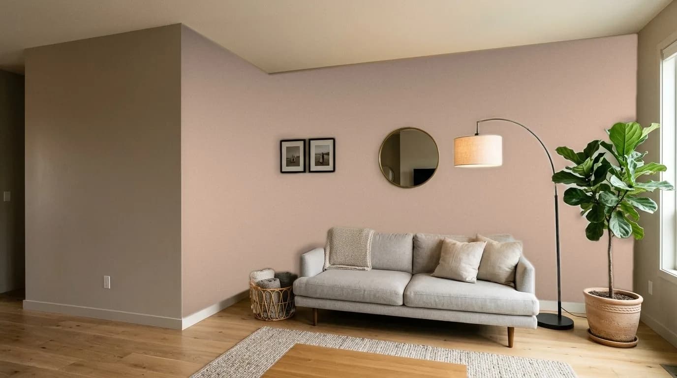 Soggiorno luminoso: Soft Clay — tinta applicata da PaperFit preservando luci e ombre; mobili e oggetti mantenuti
