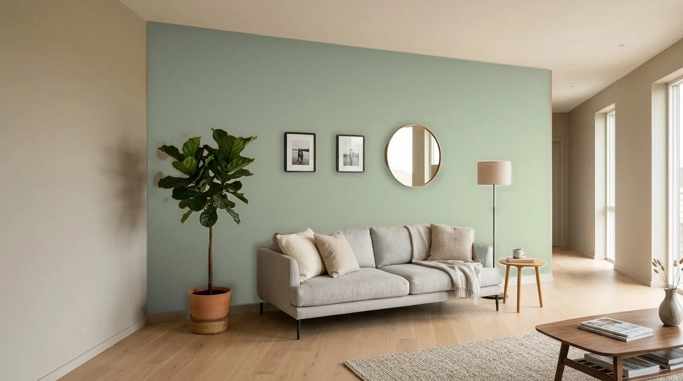 Soggiorno in prospettiva: Sage Green — tinta applicata da PaperFit preservando luci e ombre; mobili e oggetti mantenuti