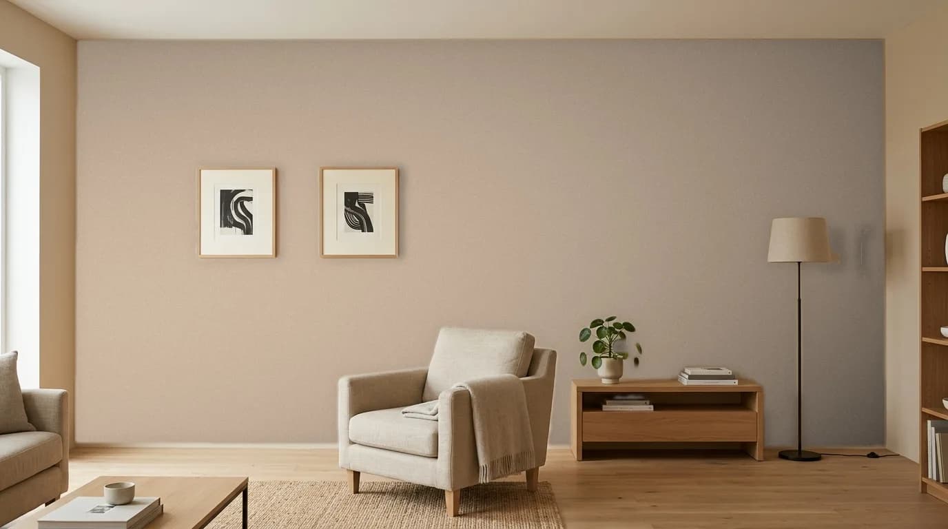 Soggiorno in prospettiva: Warm Greige — tinta applicata da PaperFit preservando luci e ombre; mobili e oggetti mantenuti
